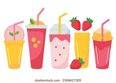 Set of Pink Strawberry and Banana Smoothie Vector Illustrations - Cartoon, Clipart, and Line Art Design