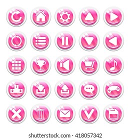 Juego de botones de cristal rayado rosa para las interfaces de juego. Elementos GUI vectoriales para aplicaciones móviles o juegos de PC. Aislado sobre fondo blanco