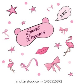 Set in a pink style for sleeping: sweet dreams, good nignt, sleep mask, ribbons, flamingos and stars. Lettering.
Printing on textiles, objects and paper, scrapbooking