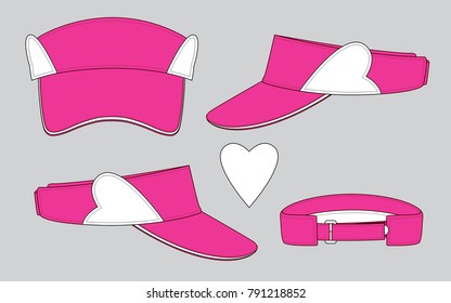 Set Pink Sun Visor Cap Design With White Heart Shape Patch in Side Pattern And Hook-Loop Strap Vector.