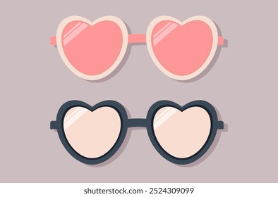 Set of pink Sunglasses. In heart shape; Web design for holiday party celebration evening; selfie apps. Isolated white background.Print for Textile.Holiday.Card.Romance.Woman.Summer.