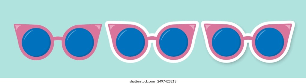 Un conjunto de gafas de sol de color rosa sobre un fondo azul. Una pegatina con gafas. Estilo hippie retro. Vector 10.