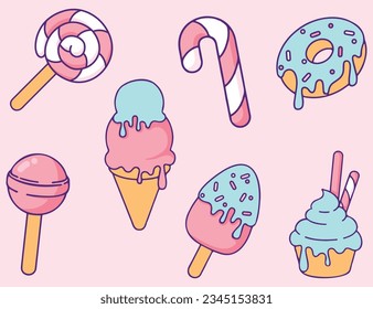 Set of pink sweet candies and desserts ice cream line art vector illustrations