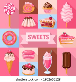 set of pink sweet food for candy shop. Donut, ice cream, muffin, milkshake, macaroon and candies with pink and chocolate topping.Vector illustration Vector illustration for your design.