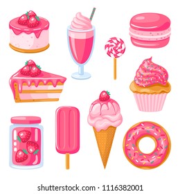 set of pink sweet food. Donut, ice cream, muffin, milkshake, macaroon and candies with pink topping.Vector illustration