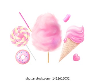 Set of pink sweets 3D, realistic vector  cotton candy, ice cream, donut, marshmallow, candy.