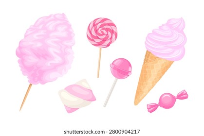 Set of pink sweets: cotton candy, lollipops, marshmallows, ice cream, and wrapped candy, isolated on a white background. Vector flat cartoon illustration.