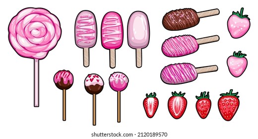 Set of pink sweets, lollipop and strawberries