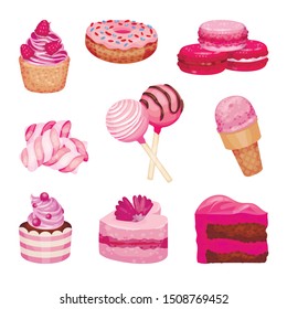 Set of pink sweets. Vector illustration on a white background.