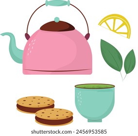 Set with pink teapot and cookies