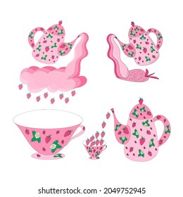 Set of pink teapots and cups with strawberries and strawberry flowers strawberry rain