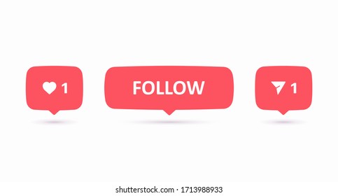 A set of pink template counters, like and share notification buttons in the style of the social network. The concept of a stream, story, blog. Vector illustration