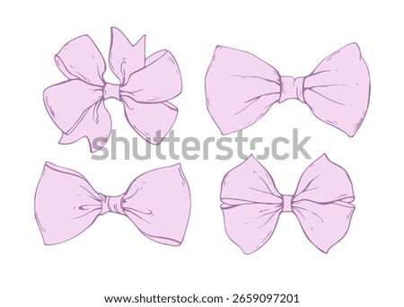 Set of pink textile tie bows coquette from satin and silk ribbons. Illustration hand drawn with ink in line art style graphics. For women, girls, holidays, decoration, accessories and gifts.