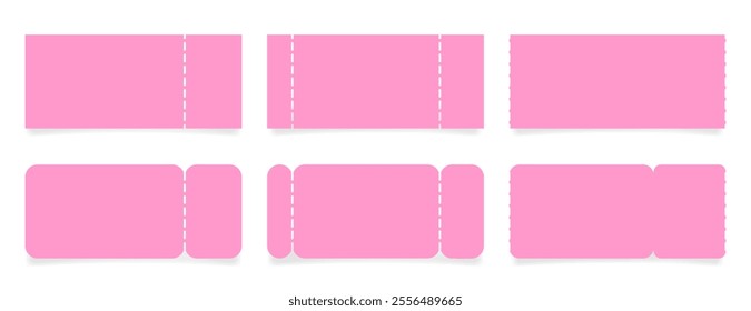 Set of pink ticket mockups with ruffle edges and shadows. Empty template. Concert, movie or theater ticket. Boarding blank, lottery, sale coupon	
