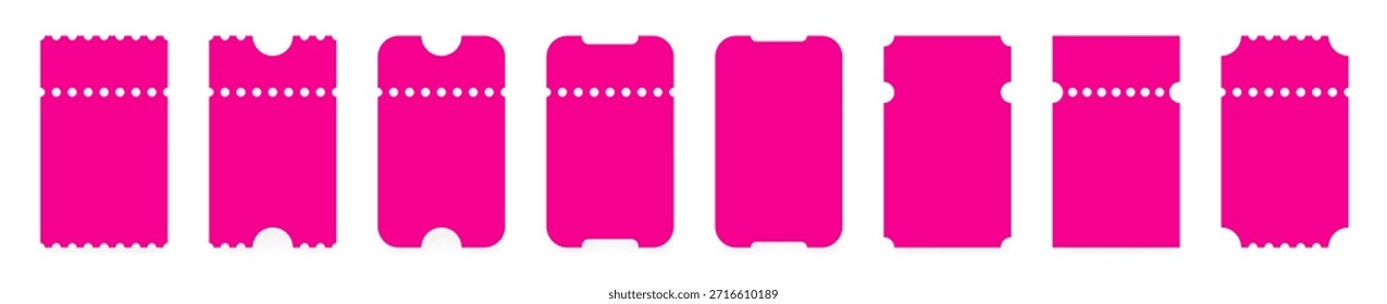Set of pink ticket mockups with ruffle edges and shadows. Small vertical empty templates. Concert, movie or theater ticket. Boarding blank, lottery, sale coupon