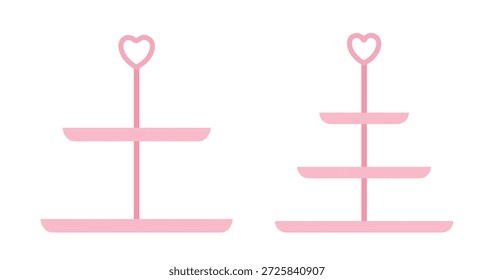 Set of pink tiered cake stand flat vector illustration.
Empty dessert or fruit tiered stand clipart.
Cupcake Stand.
Dessert Stand.
Tea Party.
White background.