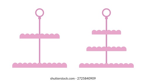 Set of pink tiered cake stand flat vector illustration.
Empty dessert or fruit tiered stand clipart.
Cupcake Stand.
Dessert Stand.
Tea Party.
White background.