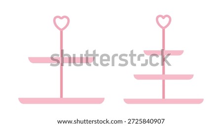 Set of pink tiered cake stand flat vector illustration.
Empty dessert or fruit tiered stand clipart.
Cupcake Stand.
Dessert Stand.
Tea Party.
White background.