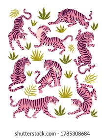 Set of pink tigers and tropical leaves. Trendy illustration.