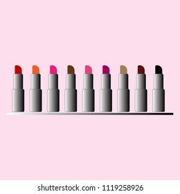 Set of pink tone lipstick with shadow effect on pink background, vector design.