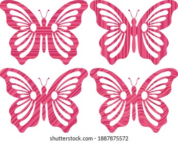 A set of pink toned butterflies patterned with diagonal, horizontal, vertical and wavy lines isolated on white.