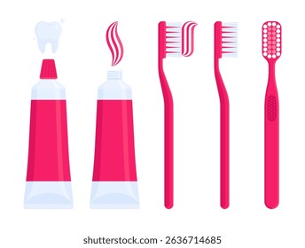 Set of pink toothpaste tubes and toothbrushes with paste on bristles. Dental care, hygiene, oral health, and personal care concept. Flat vector illustration isolated on white background