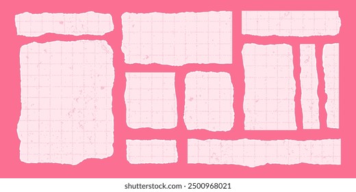 Set of pink torn rectangular sheets of aged checkered paper with jagged edges. Ripped vector elements of different shapes with gritty texture. Empty space for text, banner template.