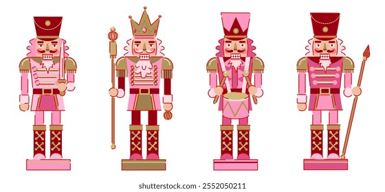 Set of Pink Traditional Nutcracker Soldiers. Christmas Toy Decoration. 