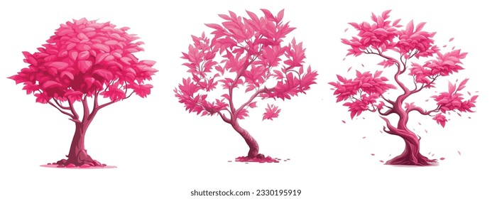 set of pink tree vector illustration in cartoon style isolated on white background. Ui assets, for computers game interface vector illustrations.