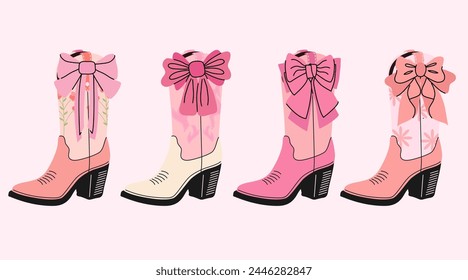 Set of pink trendy cowboy boots. Coquette cowgirl boot with bow. Girly western in flat vector illustration. Collection of retro elements. Cowboy Western and Wild West theme.