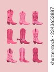 Set of pink trendy cowgirl boots. Vector graphics.