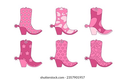 Set rosafarbene, trendige Cowgirl Stiefel mit Spuren und verschiedenen Ornamenten. Flache Kontur, Vektorgrafik.