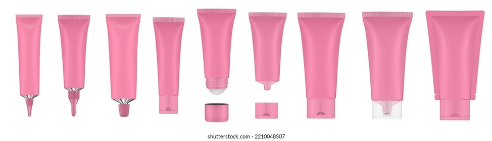 Set of pink tubes and bottles. Roller ball tube. Open and closed blank tubes with screw cap. Realistic mockup. Long nozzle tube. Ointment or salve. Gel serum. Korean packaging