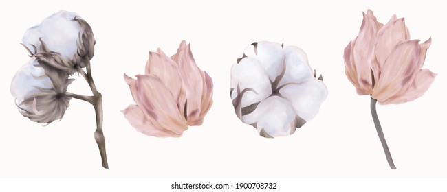 Set aus rosafarbenen Tulpen und Baumwolle