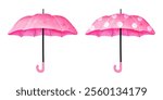 Set of pink umbrella polka dot. Cute vector watercolor illustration for kids design, weather
