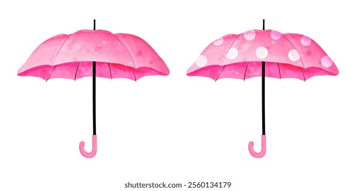 Set of pink umbrella polka dot. Cute vector watercolor illustration for kids design, weather