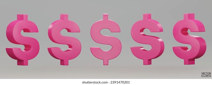 Conjunto de símbolos rosados en dólares estadounidenses aislados en fondo gris. Signo de dólar rosado. 3D firma el signo de la moneda del dinero. Ilustración vectorial 3D.