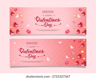 Set pink Valentine banners featuring heart motifs, floating envelopes, and dotted patterns. Ideal for holiday promotions, social media covers, or event invitations, romantic, and celebratory vibes.