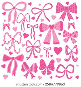 Set with pink various cute bow knots, gift ribbons on a transparent background. Hand drawn vector illustration. Can be used in textile industry, paper, background, scrapbooking.