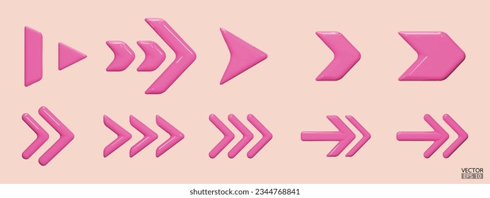 Set of pink vector arrows. Shiny 3d glass Arrows icon. Arrows Cartoon minimal style collection. 3d vector illustration.