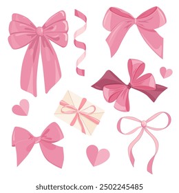 Set of pink vector bows, ribbon, and envelope wrapped with a pink bow. Good for stickers or design elements celebration birthday party, Valentines gift card, wedding. Cartoon vector illustration.