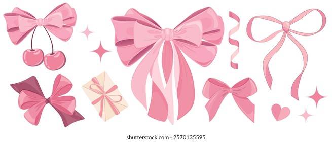 Set of pink vector bows, ribbon, and envelope wrapped with a pink bow. Good for stickers or design elements celebration birthday party, Valentines gift card, wedding. Cartoon vector illustration.