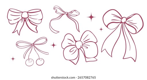 Set of pink vector bows, ribbon, and envelope wrapped with a pink bow. Good for stickers or design elements celebration birthday party, Valentines gift card, wedding. Cartoon vector illustration.