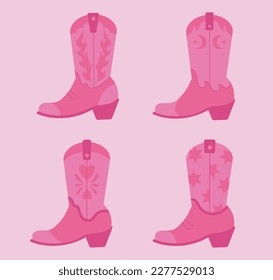 Set of pink vector cowboy boots illustration. Cowgirl wild west elements groove style	