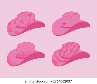 Set of pink vector cowboy hats illustration. Cowgirl wild west elements groove style