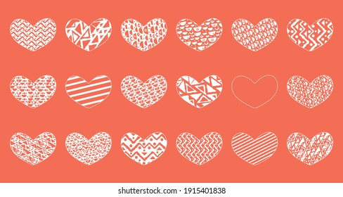 Set of pink vector eighteen hearts with different patterns. Objects can be used for stickers, postcards, patterned tapes for scrapbooking. Valentines day theme. Lines, squares, hearts, shaped forms