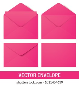 Set of pink vector envelopes in different views, isolated on a white background. Realistic pink vector envelope mockups.