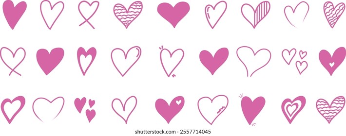 A set of pink vector hearts. An illustration of painted hearts. A set of vector symbols and icons. Heart vector