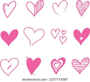 A set of pink vector hearts. An illustration of painted hearts. A set of vector symbols and icons. Heart vector