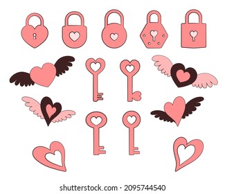 Set of pink vector hearts, padlocks and keys as decorative elements for Valentine's Day